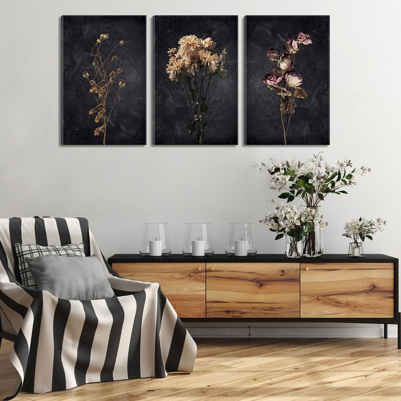 3Pcs Dark Floral Canvas wall art Moody Dried Wildflower Posters Pictures Wall Decor Nature Wilderness Botanical Paintings Abstract Prints for Living Room Bedroom Office Modern Farmhouse Home Artwork