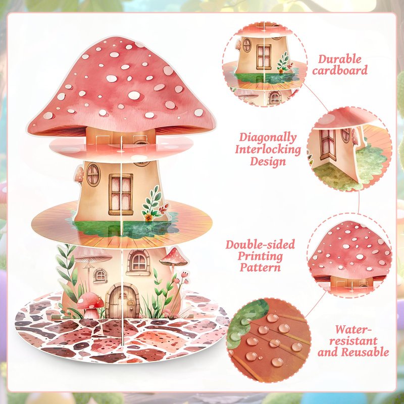Fairy Birthday Party Decorations 3 Tier Mushroom Cupcake Stand with Fairy Theme Cupcake Toppers Fairies Garden Party Cake Decoration for Woodland Fairies Theme Birthday Baby Shower Spring Supplies