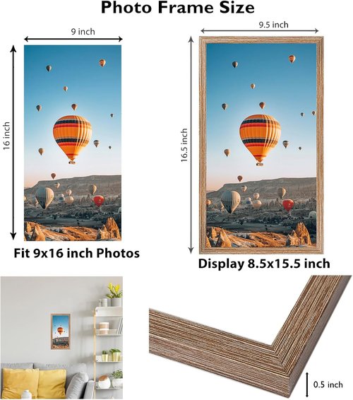 JCJMY 9x16 Picture Frame - Rustic Brown Wall Mount for Horizontal or Vertical Display | Shatter-Resistant Plexiglass