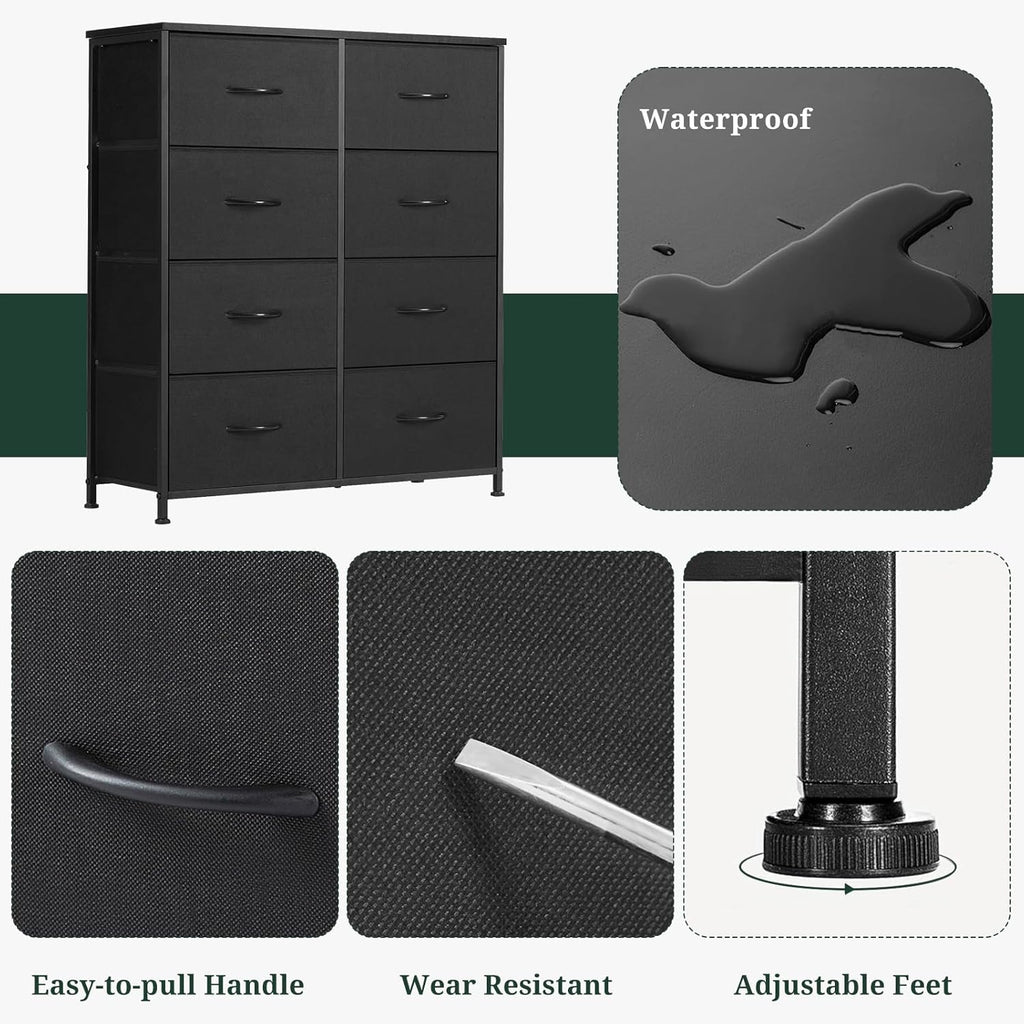Skiennix 8-Drawer Dresser - Anti-Tip Tall Storage Organizer with Wooden Top & Metal Frame | Black