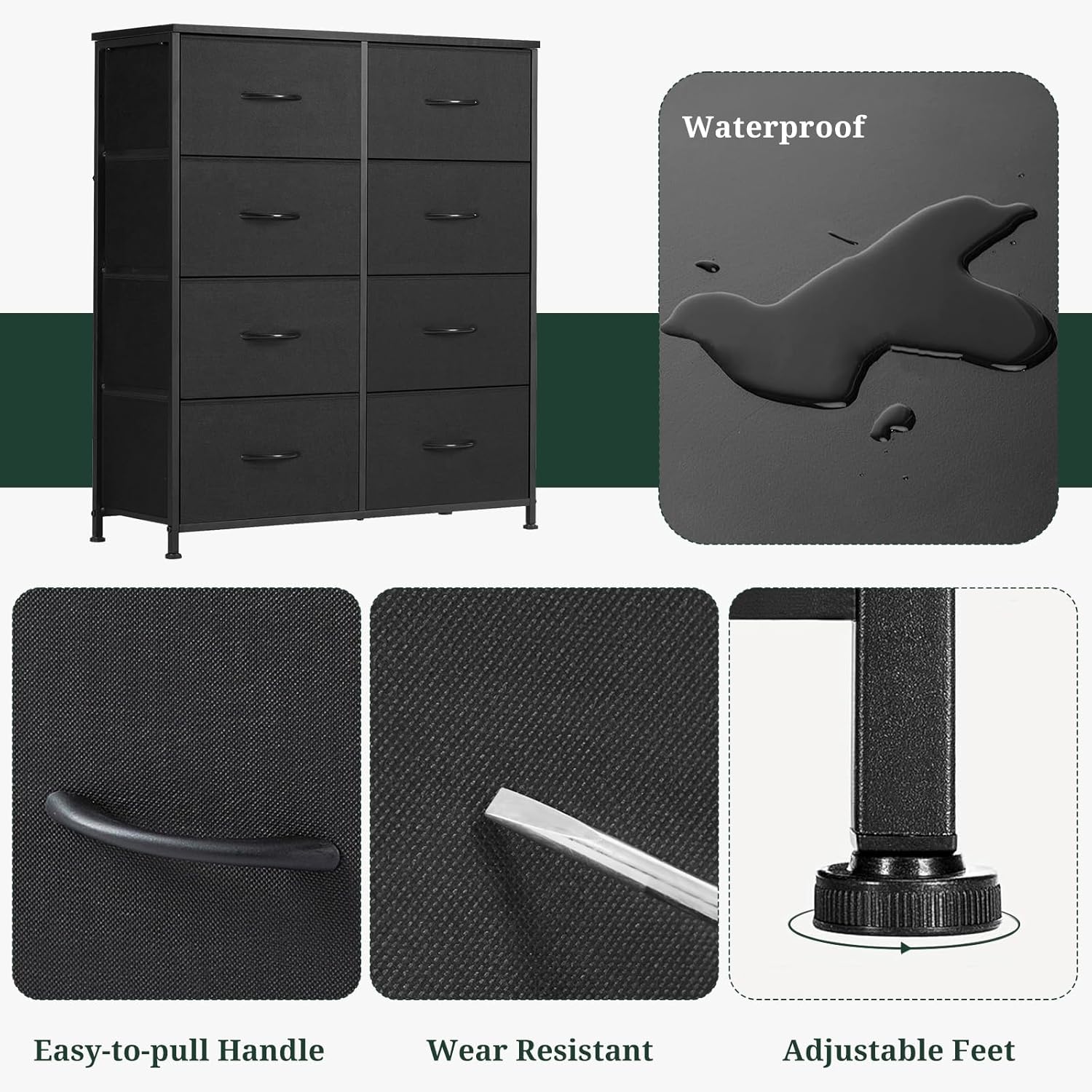 Skiennix 8-Drawer Dresser - Anti-Tip Tall Storage Organizer with Wooden Top & Metal Frame | Black