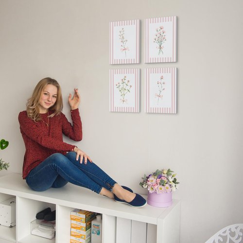 JINYO Coquette Pink Floral Canvas Wall Art - Framed Set of 4 for Girls' Room | 8x10 Inch Decor