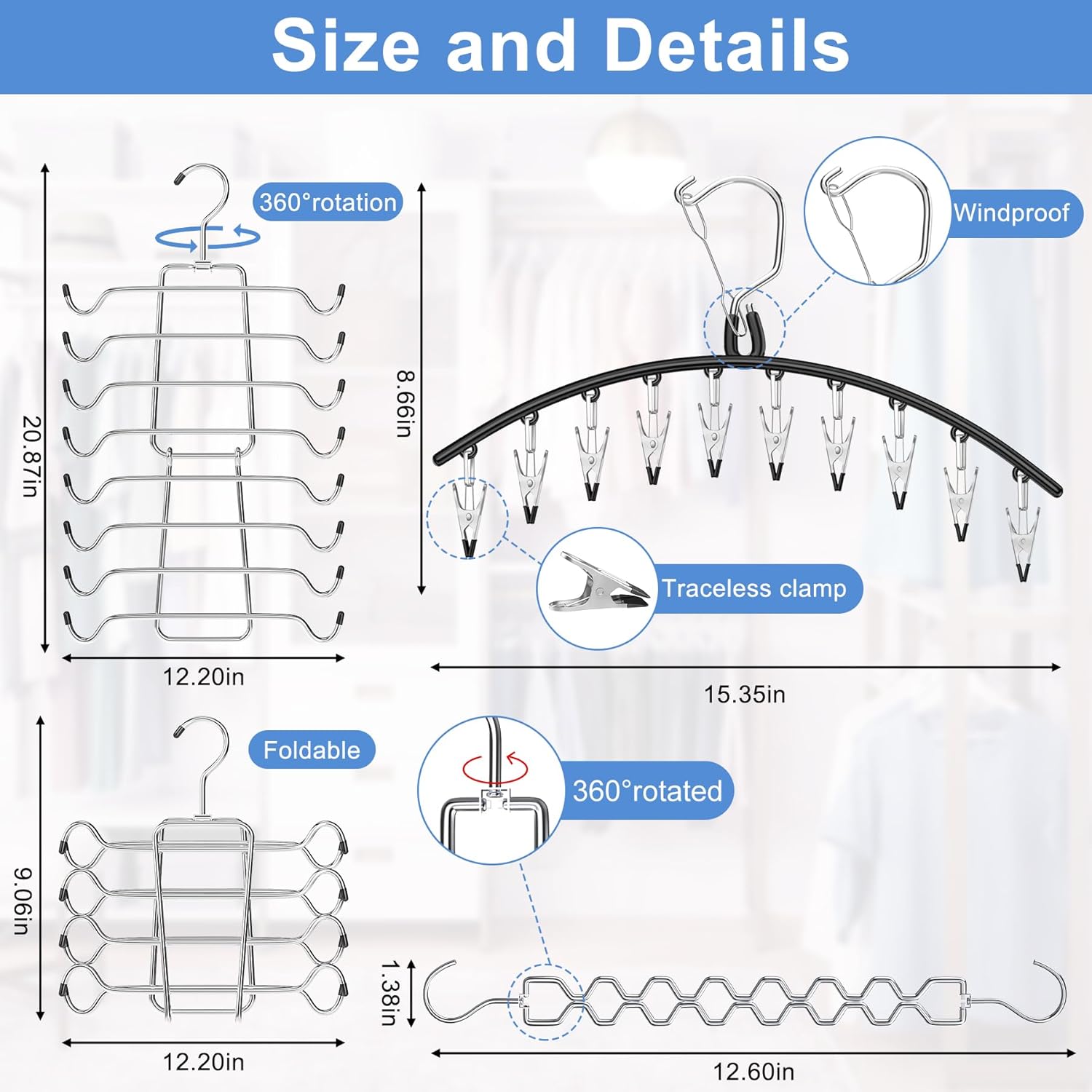 Skiennix Legging Organizer - 5 Pack Closet Hangers with 30 Clips & Tank Top Hanger | Space-Saving Storage
