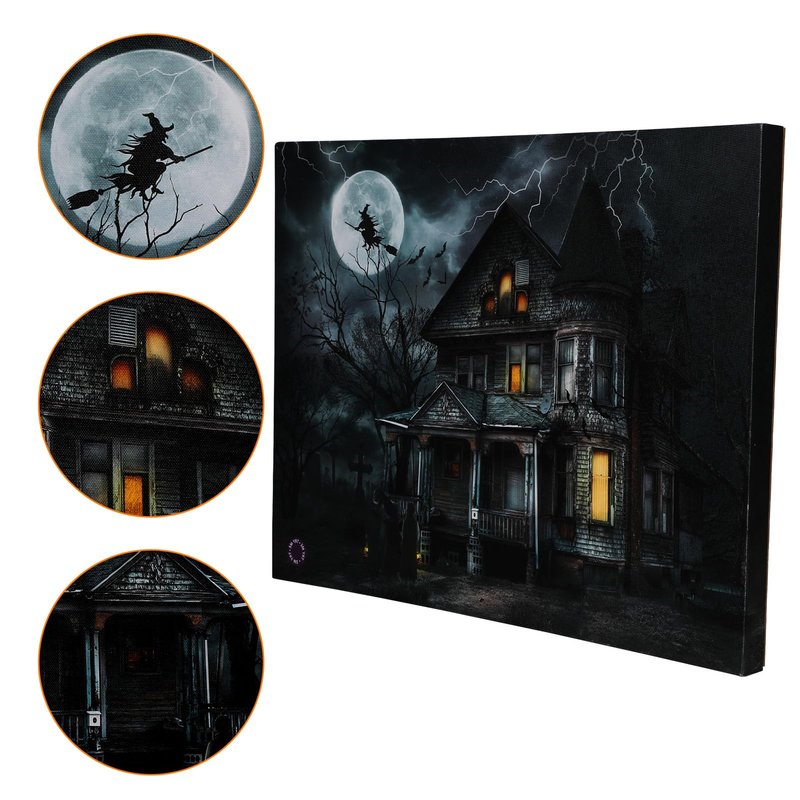 YYPLIAN Led Canvas Wall Art, Castle Light Up Painting Wall Decor, Halloween Lighting Painting Decoration with Battery Operated Lighted and Sound 20X15 Inch
