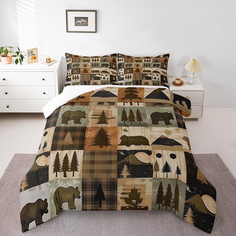 Feelyou Kids Bear Comforter Twin Size, Camper Comforter Set Boys Girls Rustic Cabin Country Bedding Set Western Farmhouse Teens Duvet Set Bedroom Decor 2Pcs