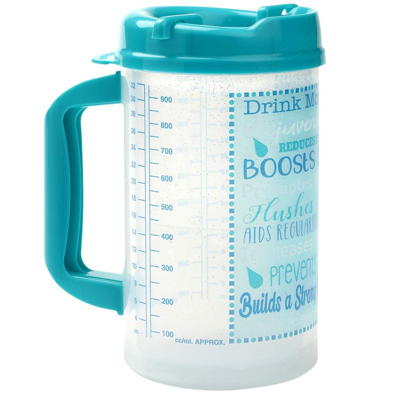 Plum Hill Hospital Cup With Lid and Straw - 32 Ounce Insulated Water Bottle, Drinking Mug With Measurements - Teal
