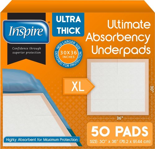 Inspire XL Super Absorbent Bed Pads - Ultra Thick 30 x 36 for Incontinence | 50 Count Disposable Underpads