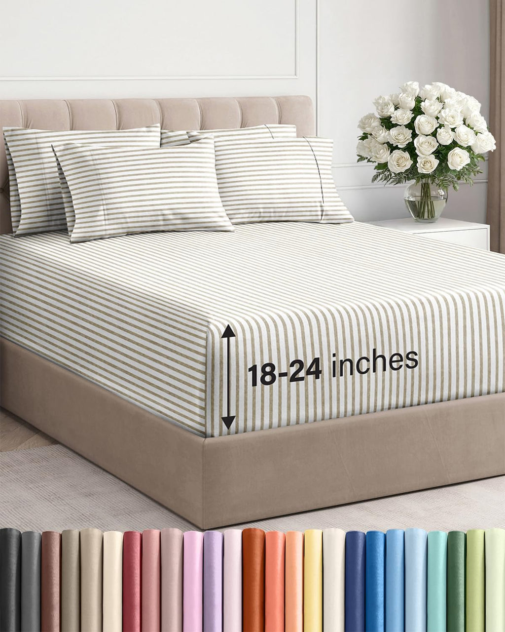 Skiennix Extra Deep Queen Sheet Set - 6 Piece Breathable Cooling Bedding - Soft Wrinkle-Free Beige Stripes