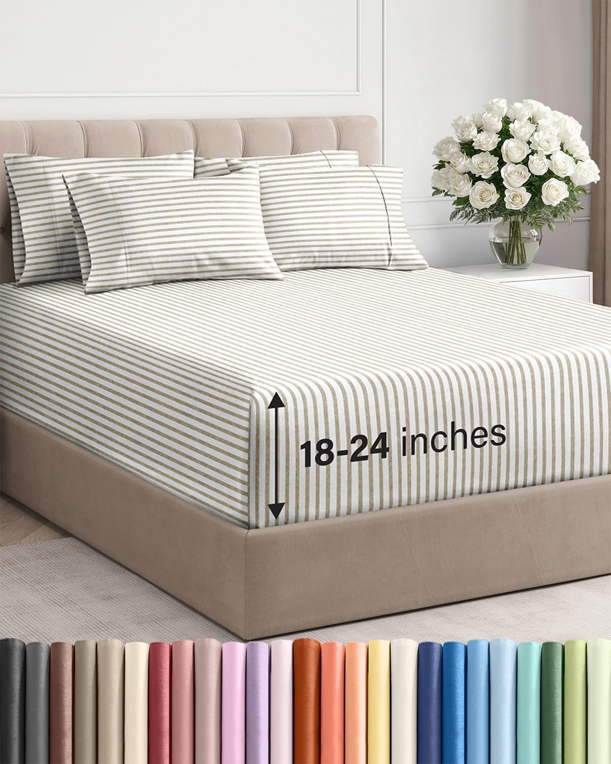 Skiennix Extra Deep Queen Sheet Set - 6 Piece Breathable Cooling Bedding - Soft Wrinkle-Free Beige Stripes