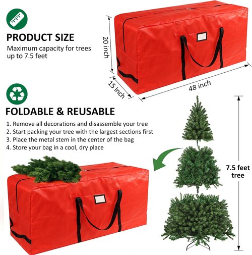 HABGP Christmas Tree Storage Bag - 7.5 ft Durable Waterproof Zippered Box with Carry Handles - Red