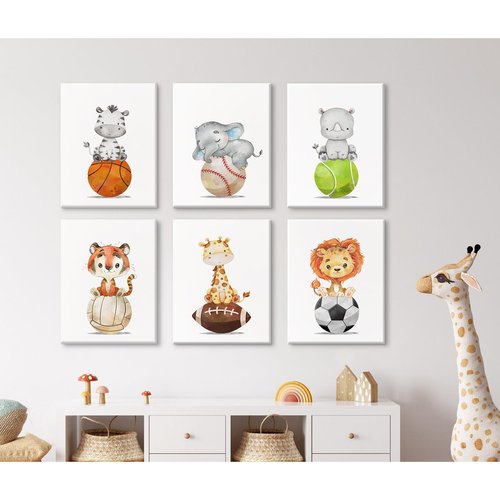 Baby Boy Wall Art Nursery Sports Decor Safari Animal Canvas Wall Art Woodland Baby Boy Room Poster Prints Nursery Artwork Pictures for Bedroom 12x16 set of 6 Inch Wrapped Canvas