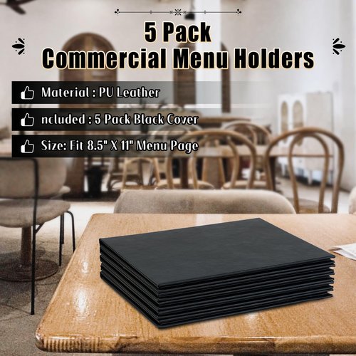 FLKQC Restaurant Menu Covers Holders 8.5" x 11" | Pack of 5 Synthetic Leather Triple Fold Panels 4 View Angled Corners Black for Wine List, Drinks (5, Triple Fold Panels 4 View (8.5 x 11 inch))
