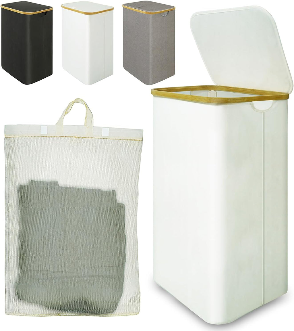Bamboo Laundry Hamper - 88L Collapsible Basket with Lid & Handle | Waterproof Organizer for Bedroom & Bathroom
