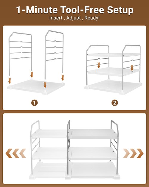 EVERIE Extendable 3-Tier Kitchen Cabinet & Pantry Organizer for Plastic Wrap, Foil & Storage Bags, Adjustable Heavy Duty Shelf Rack for Wrap Boxes, Jars & Snack Boxes (11–16.7 in Wide), Pack of 1