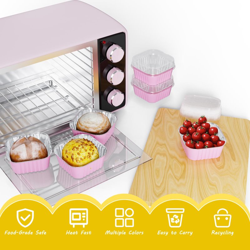 Ksmxos 50 Pack Square Mini Cake Pans with Lids,Mini Loaf Pans with Lids,Aluminum Foil Baking Cups,Disposable Ramekins Cupcake Cups,Dessert Cups for Wedding Birthday Party Picnics,5oz (Pink)