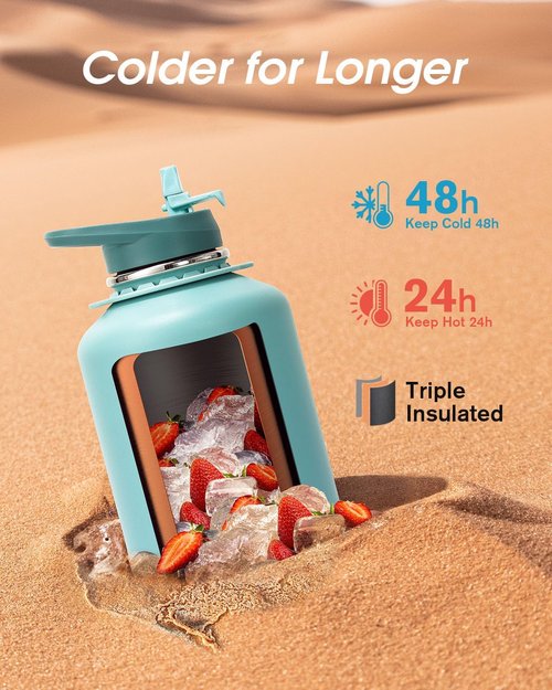 Coolflask Insulated Water Bottle - 64 oz Half Gallon Jug with Straw & Spout Lids | Keeps Drinks Cold 48h, Hot 24h, Leak Proof, Agate Green
