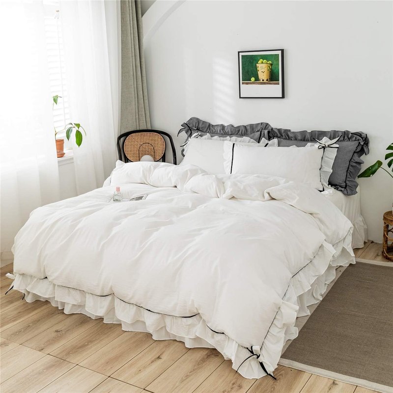 SOUKACH Ruffled Bedding Bow Duvet Cover Set with Butterfly Tie, Soft Brushed Microfiber Shabby Chic Bedding Set with Zipper Closure for Kids Girls-White,Twin