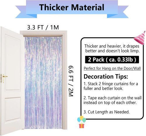 Iridescent Party Decorations - Thick Holographic Tinsel Foil Streamers | 2 Pack 3.3x6.6 FT for Birthday & Themed Events