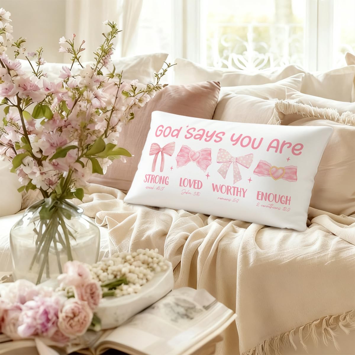 Pink Bow Coquette Throw Pillow Cover - 12x20 Inspirational Decor for Girls' Rooms & Dorms
