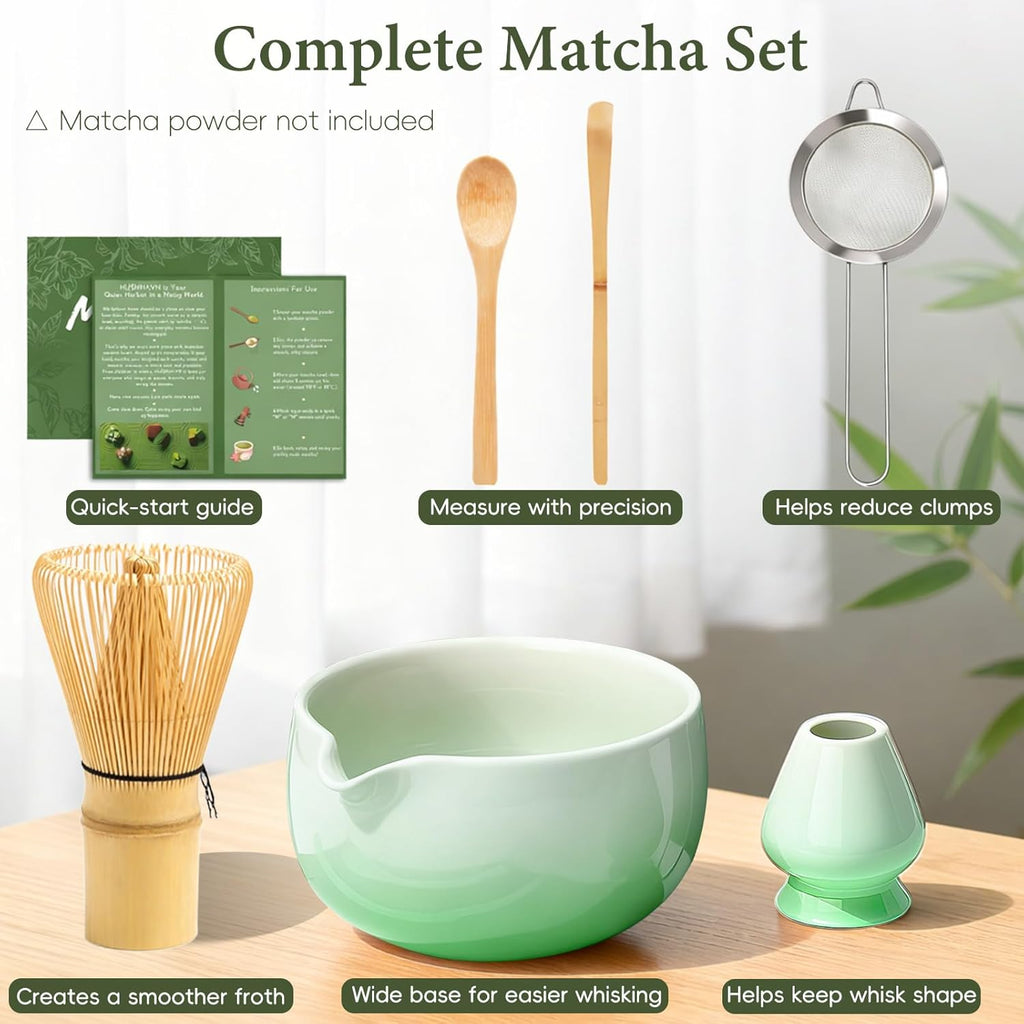 Skiennix Matcha Whisk Set - Complete 6PCS Ceramic Kit with Bowl, Bamboo Whisk, Scoop & Sifter (Green)