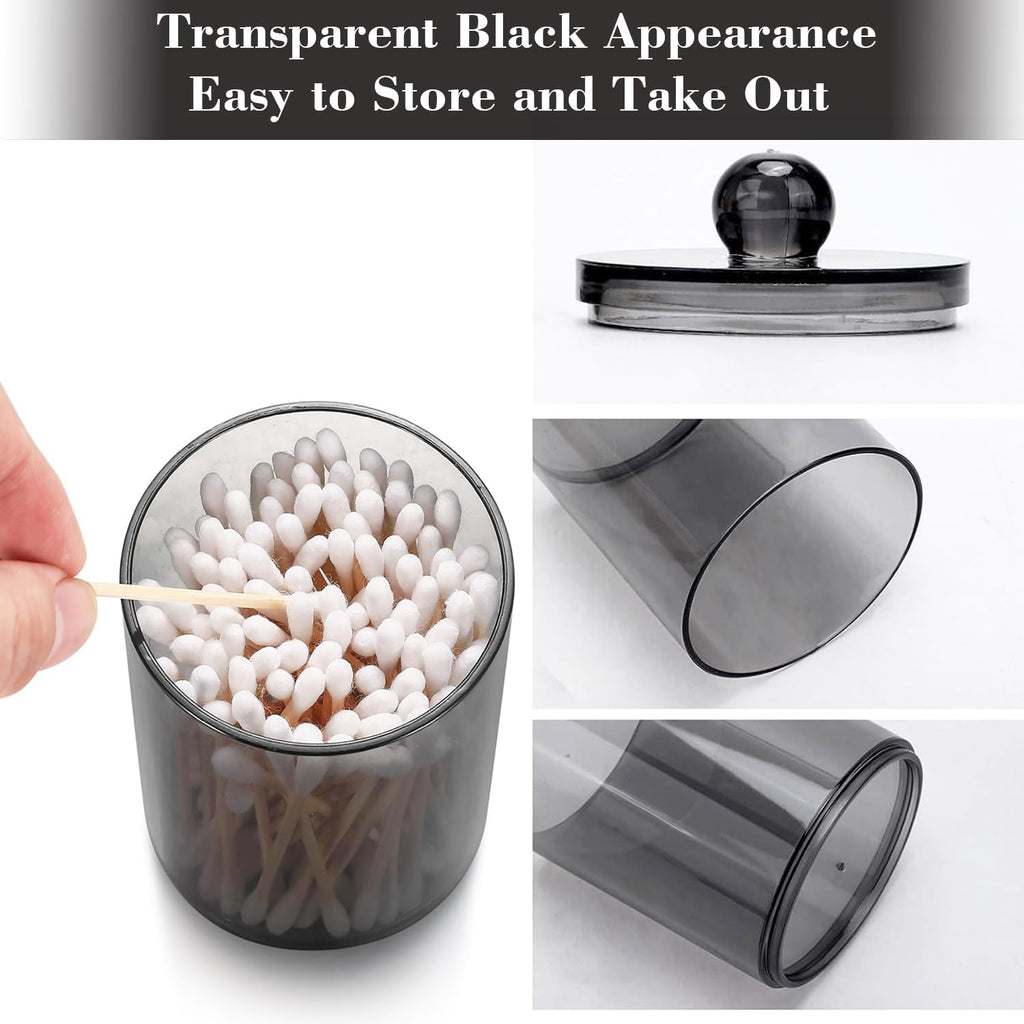 Skiennix Cotton Buds Dispenser - Clear Black Round Holder | 10 oz Apothecary Jar Set for Bathroom Storage