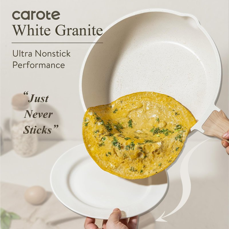CAROTE Non Stick Frying Pan Skillet, Omelet Pan, Healthy Non Toxic Granite Chef Pan, Induction Compatible Egg Frying Pan with Heat-Resistant Handle, PFOA-Free,Cream White, 10"