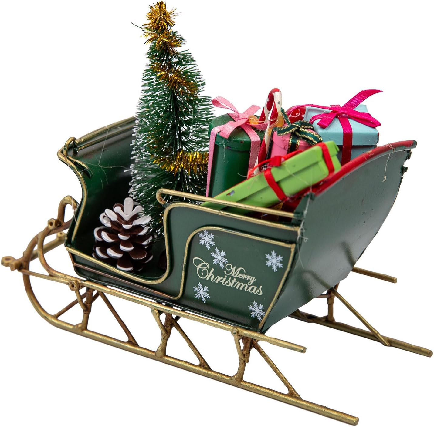 YCHTEWY Red Santa Sleigh Christmas Decor - Rustic Metal Tabletop Holiday Decoration (6.7")