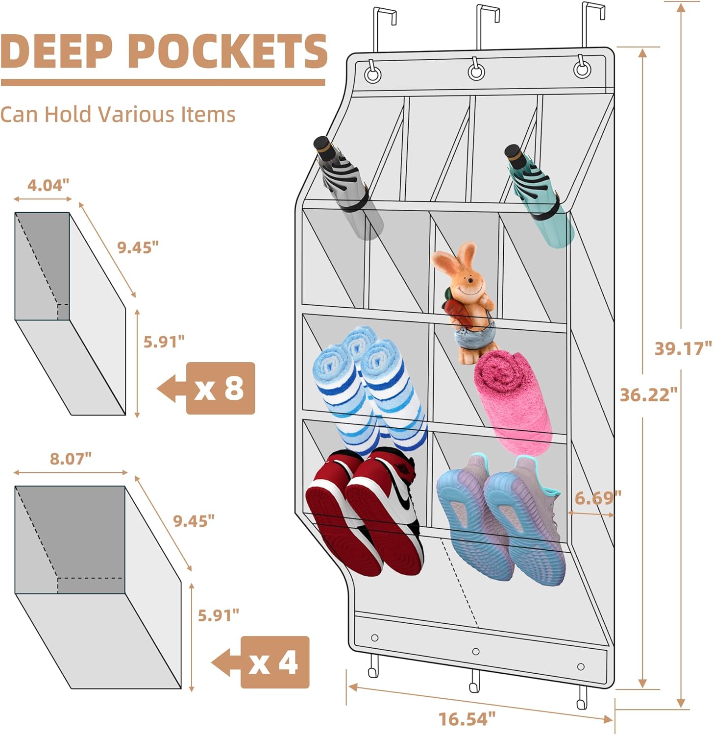 Storage Maniac Over Door Shoe Organizer - 12 Pocket Hanging Rack for Closet & Dorm | Grey
