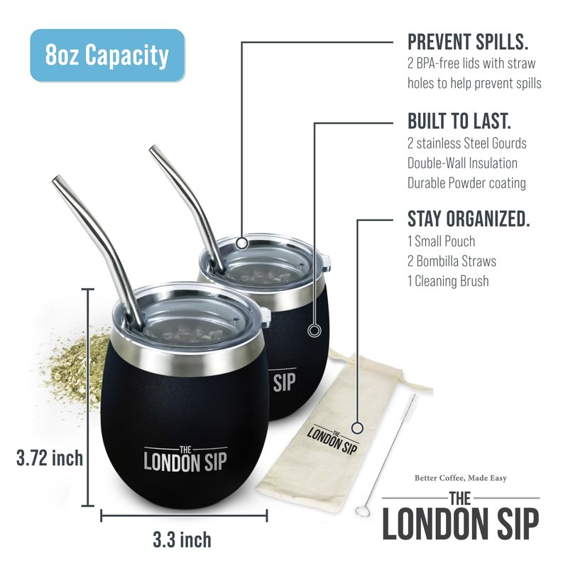 London Sip Yerba Mate Cup and Bombilla Set, Includes 2 Gourds (8 oz each), Spill Resistant Lids, Straws, Bombilla Brush and Pouch Included, Black