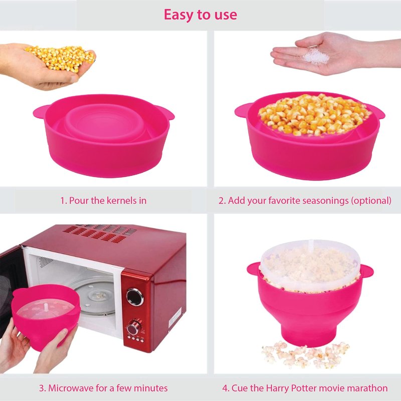 Gadgetime USA Microwave Popcorn Popper with Lids - Silicone - No Oil or Butter Required - Collapsible Bowls - BPA-Free - Movie Night Supplies - Pink