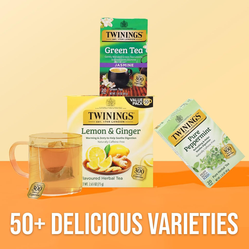 Twinings Lemon & Ginger Herbal Tea - Individually Wrapped Bags, 50 Count (Pack of 6) | Caffeine-Free, Enjoy Hot or Iced