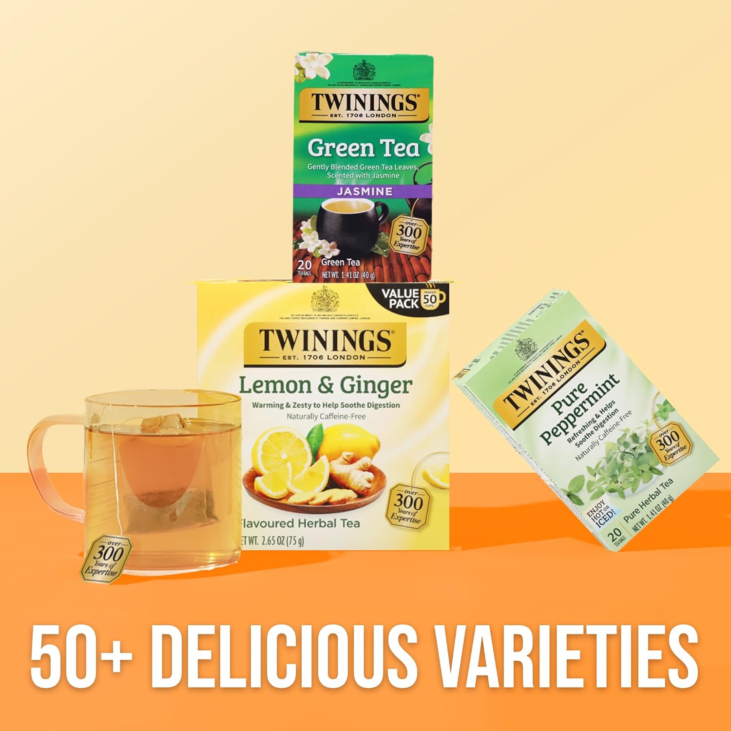 Twinings Lemon & Ginger Herbal Tea - Individually Wrapped Bags, 50 Count (Pack of 6) | Caffeine-Free, Enjoy Hot or Iced