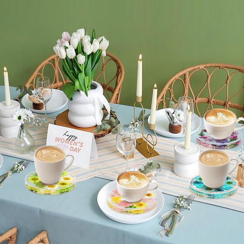 Flower Coasters, Tumwisk 4Pcs Dried Flower Drink Coasters, Women Coffee Table Dining Table Desk Aesthetic Coaster Set Natural Floral Coaster Home Decoration Housewarming Present