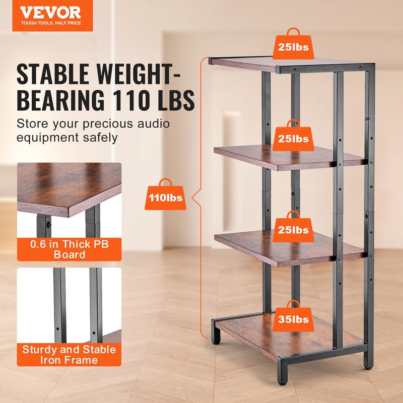 VEVOR 4-Tier AV Media Stand, Corner TV Stand, Height Adjustable Wooden Shelves for DVD Players/Cable Boxes/Games Consoles, Brown