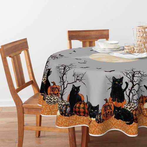 Horaldaily Halloween Tablecloth 90×90 Inch Round, Buffalo Plaid Pumpkin Moon Cat Washable Table Cover for Party Picnic Dinner Decor