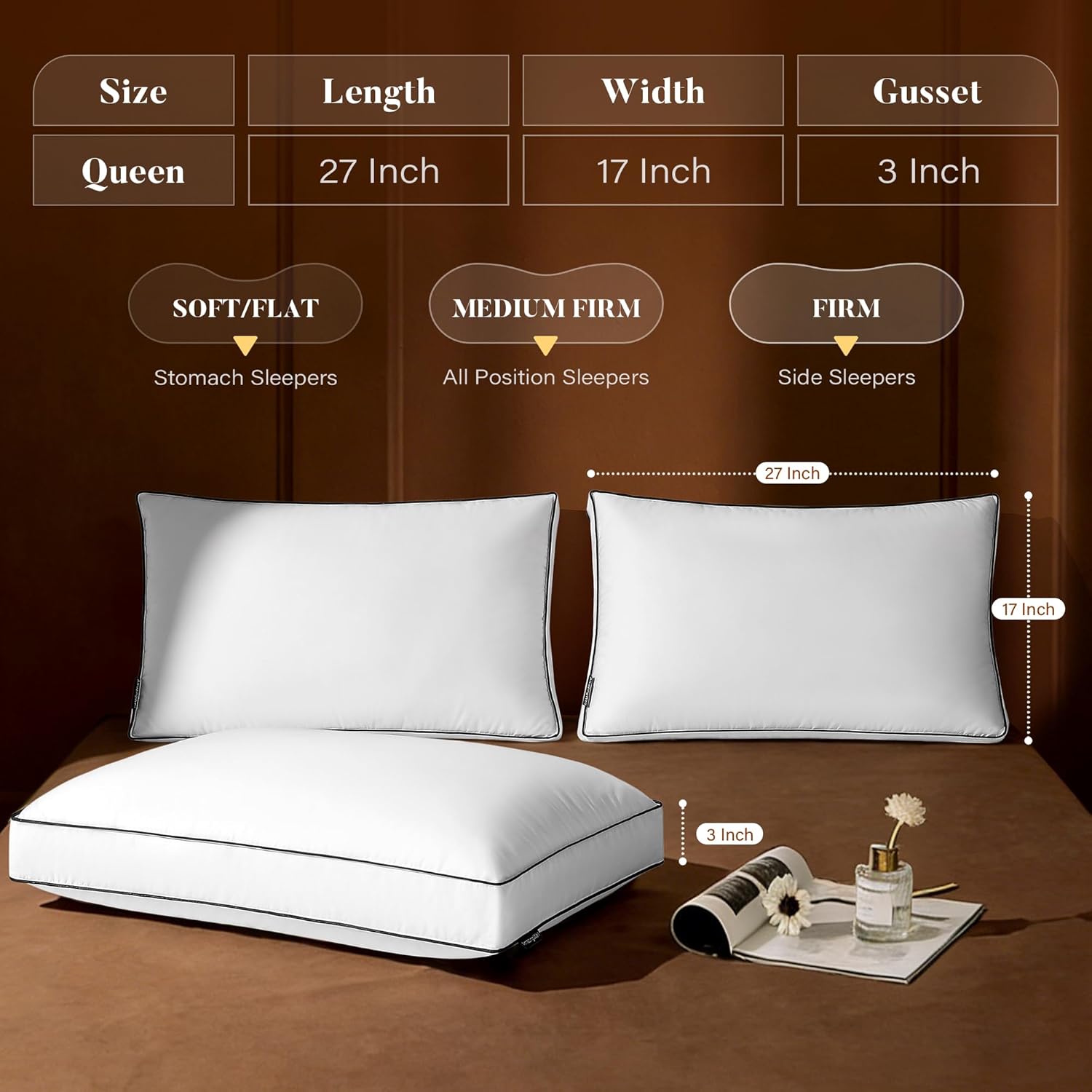 Regine Switzerland Goose Feather Down Pillows - Plush Queen Size Set of 2 for Side & Back Sleepers | 20x30 in.