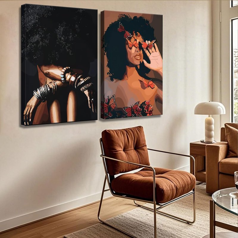 Framed Modern Abstract African American Women Wall Art (Set of 2), Canvas HD Print, Bohemian Black Girl with Energetic Butterfly Decor, Black Inspirational Contemplative Poster, Meditation Inspirational & Trendy Print, Living Room, Bedroom, Bathroom, Offi