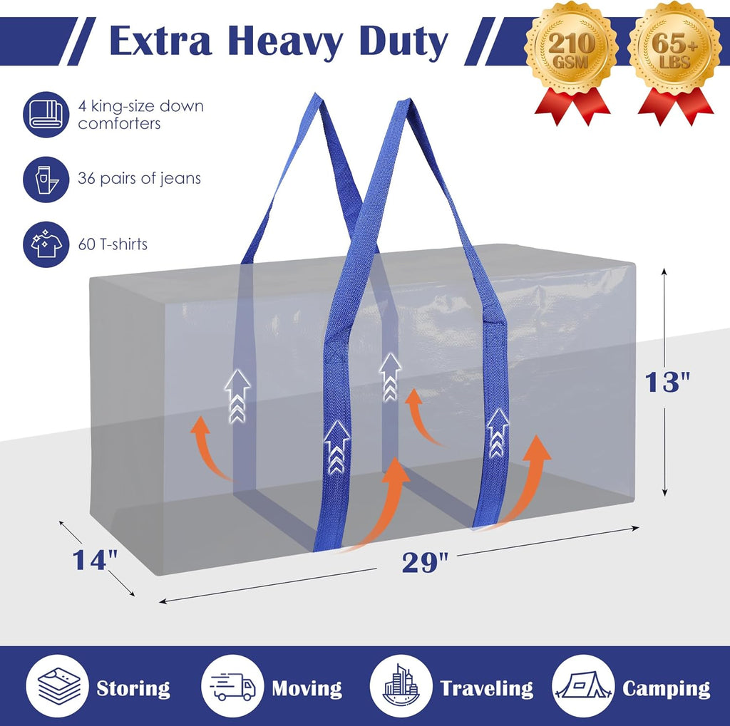 Skiennix 6 Pack Moving Bags - Extra Large 93L Heavy Duty Waterproof Storage Totes | Blue for College Dorm & Home Organization