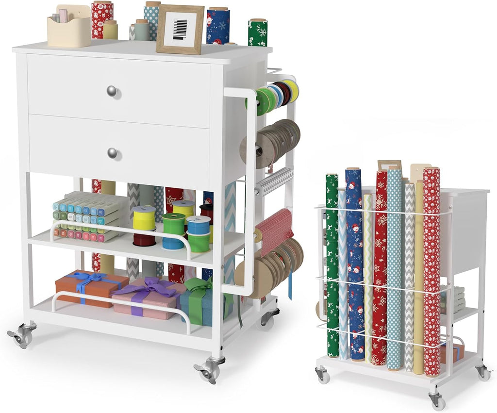 Skiennix Wrapping Paper Organizer - Stylish Craft Cart with Ribbon & Gift Bag Storage | White with 2 Drawers