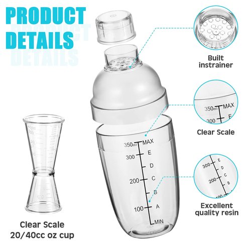 7 Pcs Plastic Cocktail Shaker Set Drink Mixer with Mark Clear Drink Cocktail Shaker and Measuring Jigger Set Ounce Cup Clear for Bar Party Home Use Wine Bar(11.8oz)