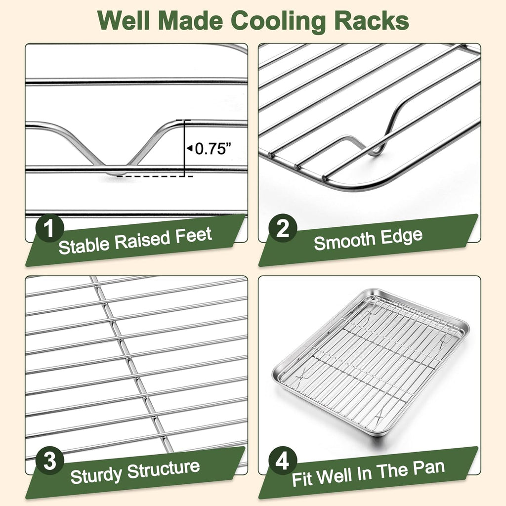 TeamFar Baking Sheet Set - 3 Stainless Steel Cookie Sheets with Racks | Non-Toxic, Dishwasher Safe, 16/12.5/10.5 Inch