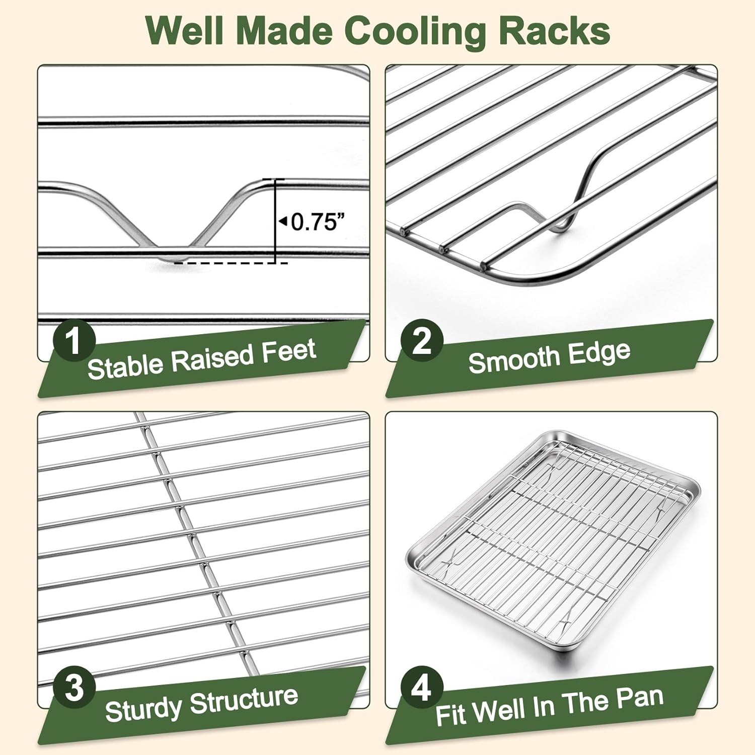 TeamFar Baking Sheet Set - 3 Stainless Steel Cookie Sheets with Racks | Non-Toxic, Dishwasher Safe, 16/12.5/10.5 Inch