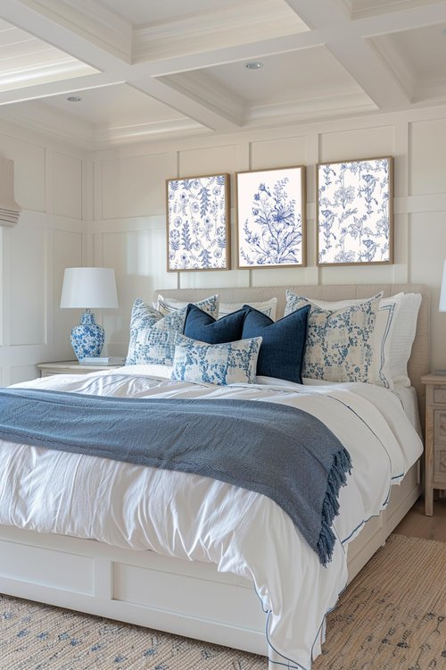 Blue Flowers Wall Art Set of 3, Chinoiserie Floral Canvas Wall Decor, Botanical Wall Art, Blue-Purple Wildflower Pattern Prints, Blue and White Plant Painting for Bathroom Bedroom 16x24 in Framed
