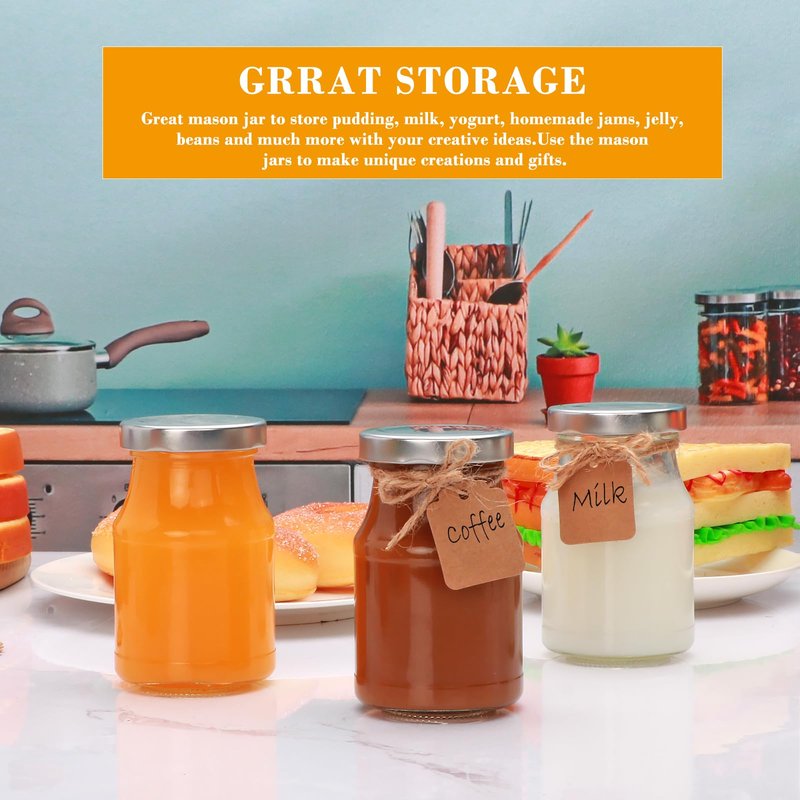 Woaiwo-q 16Pack 6oz Glass Milk Bottles, Glass Jars, Canning Jelly Jars with Silver Lids, Glass Yogert Jars, Clear Glass Milk Jars Ideal for Jam, Honey, Wedding Favors, Shower Favors