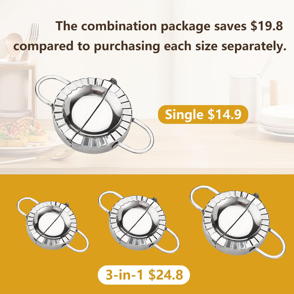 YMOXYI 3-in-1 Dumpling Press, Pierogi Maker, and Empanada Maker Press, 304 Stainless Steel with 3 Sizes (4”, 5”, 6”) for Homemade Dumplings, Pastries and Empanada Mold Manual Pasta Makers