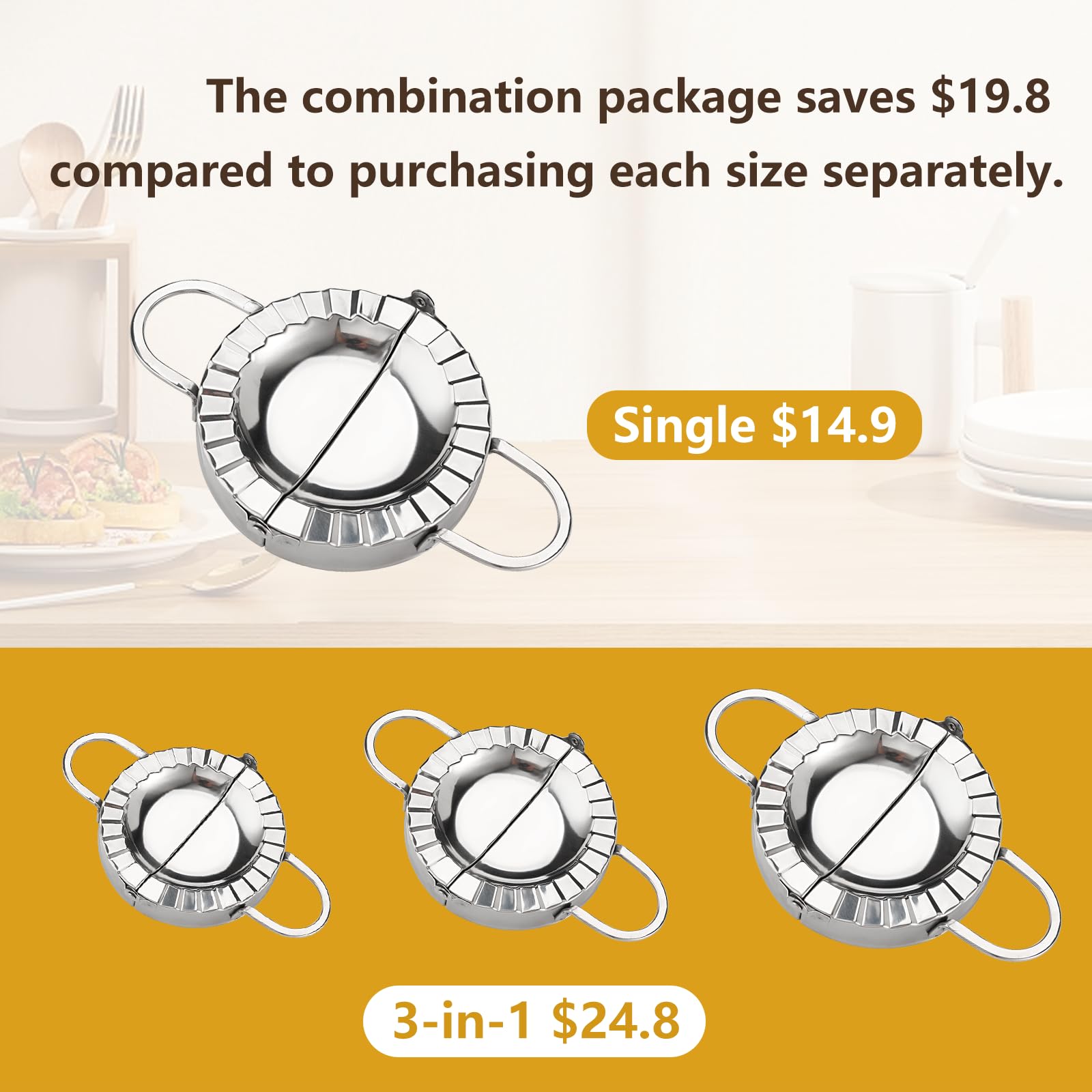 YMOXYI 3-in-1 Dumpling Press, Pierogi Maker, and Empanada Maker Press, 304 Stainless Steel with 3 Sizes (4”, 5”, 6”) for Homemade Dumplings, Pastries and Empanada Mold Manual Pasta Makers