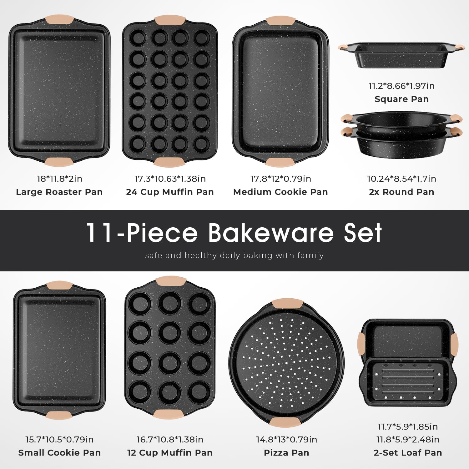 Skiennix 11-Piece Nonstick Baking Pans Set - Versatile Bakeware with Silicone Handles | Khaki & Black