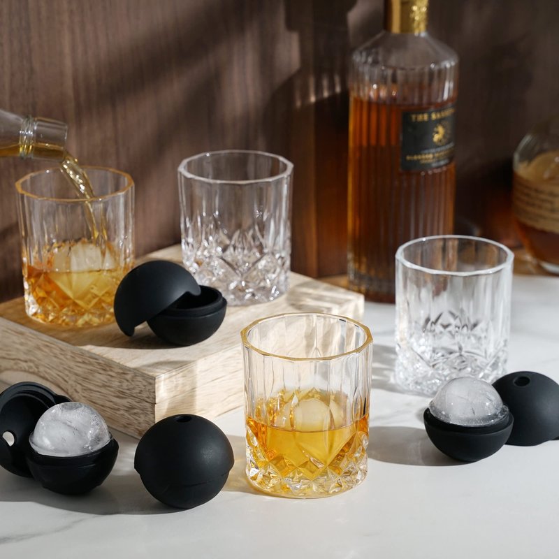 Viski Whiskey Glasses and Ice Sphere Molds Set in Wooden Gift Box, Stylish Lowball Glasses and Silicone Ice Molds, Elegant Barware for Cocktails, Margarita, Bourbon, Home Bar, Wedding Gifts, Set of 8