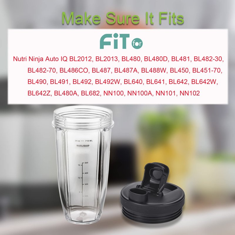 Replacement 24oz Cups for Nutri Ninja Blenders, Blender Replacement Parts with Upgraded Lid for BL450 BL454 BL480 BL482 BL640 BL642 BL682 BN801 SS101 SS351 SS401, Ninja Blender Auto IQ Blade, 2 Packs