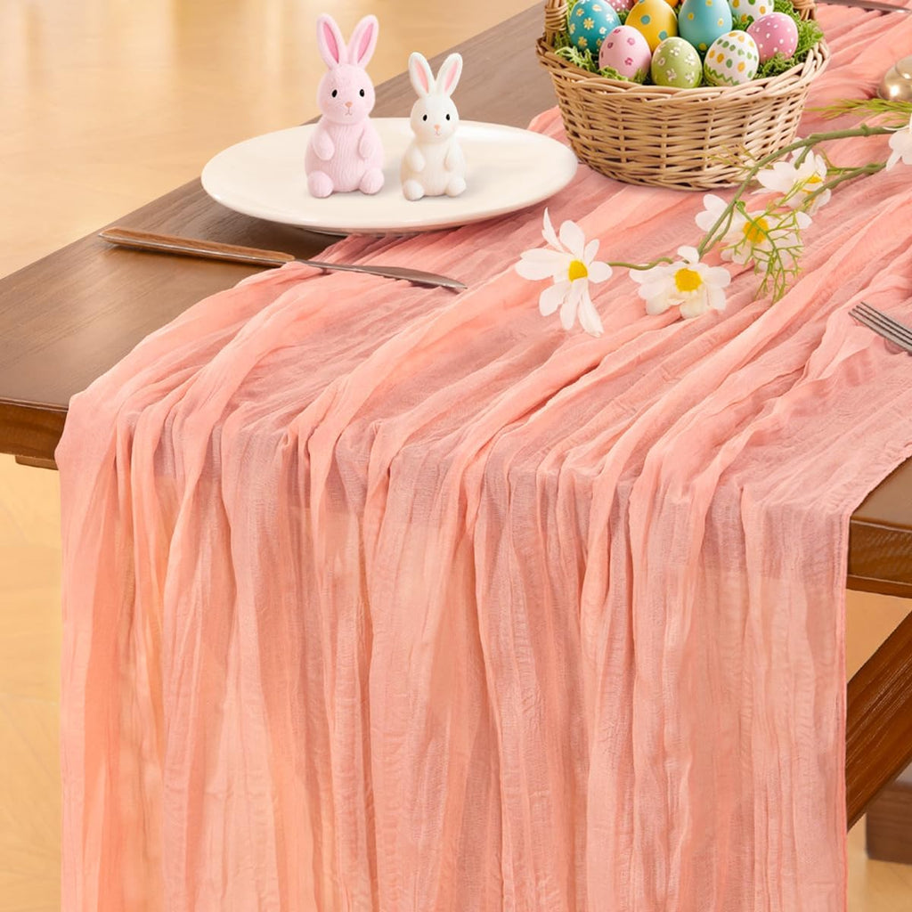 Socomi Cheesecloth Table Runner - Coral Peach Boho Rustic Design | 120 Inch for Weddings & Events